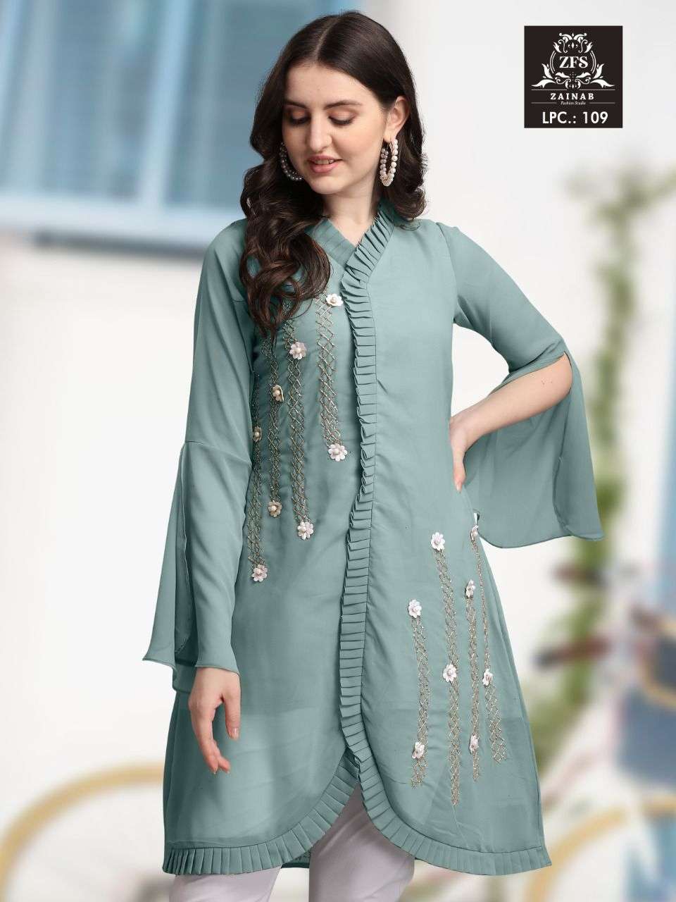 Off White Faux Georgette Embroidered Kurtis KRMNKC1469